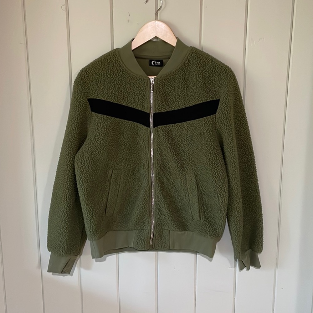Zyia Active Olive Green Flying V Fleece Bomber Jacket Size Small - Picture 4 of 9